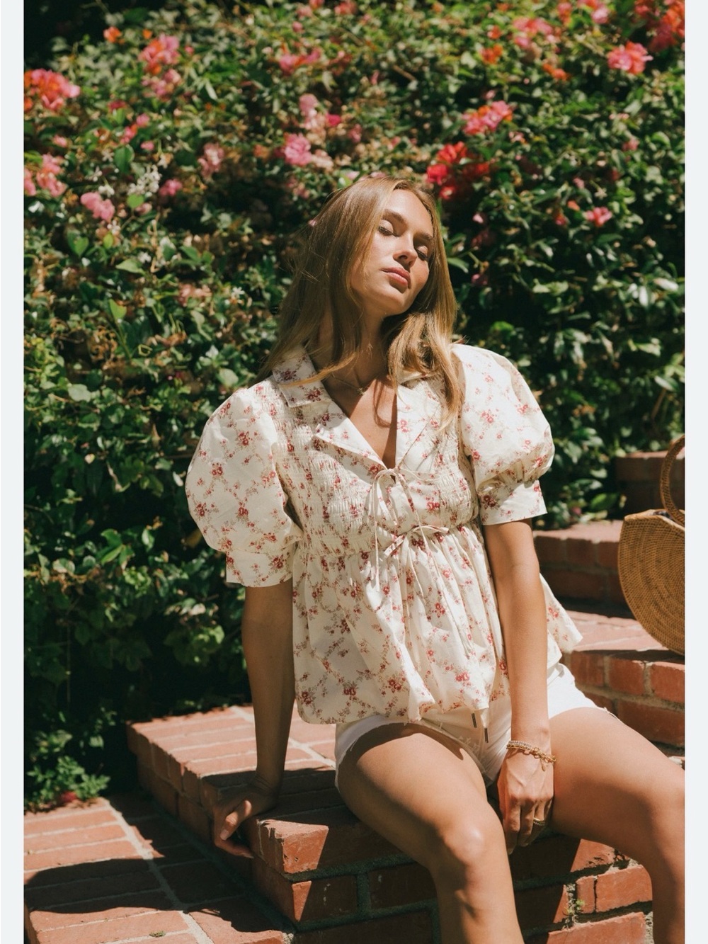 Bohme Floral Puff Sleeve Peplum Peasant Cottagecore Farm Milkmaid Coquette Top